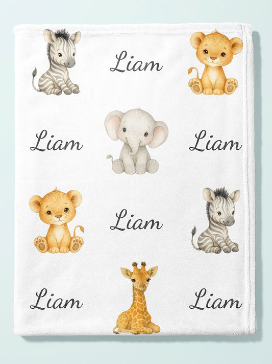 Personalized Safari Animals Baby Name Blanket